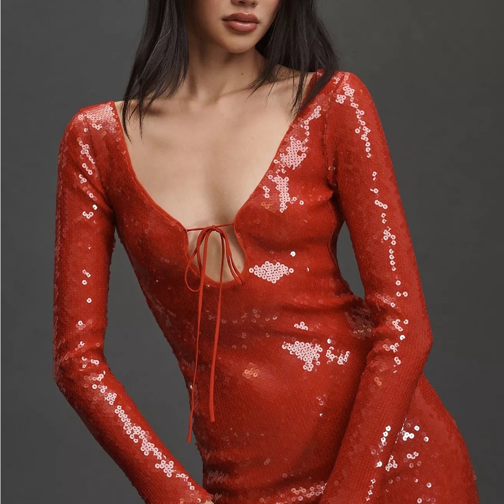 NWT Anthropologie Bardot Verona Long-Sleeve Sequin Slim Midi Dress in Red
